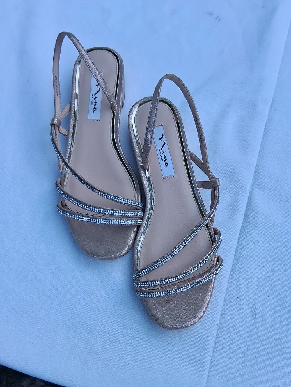 Nina Metallic Rose Gold Crystal-Strap Slingback Sandals